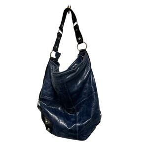 Tano Blue Distressed Leather Slouch Purse Shoulder Bag Large Satchel Studded Y2K